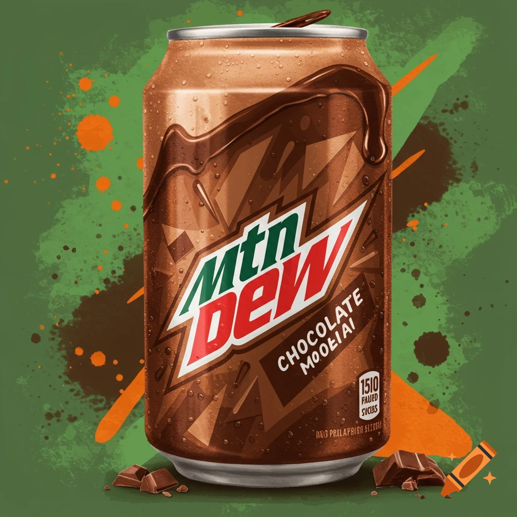A chocolate Mountain Dew soda can with water drops and chocolate chunks, against a green background