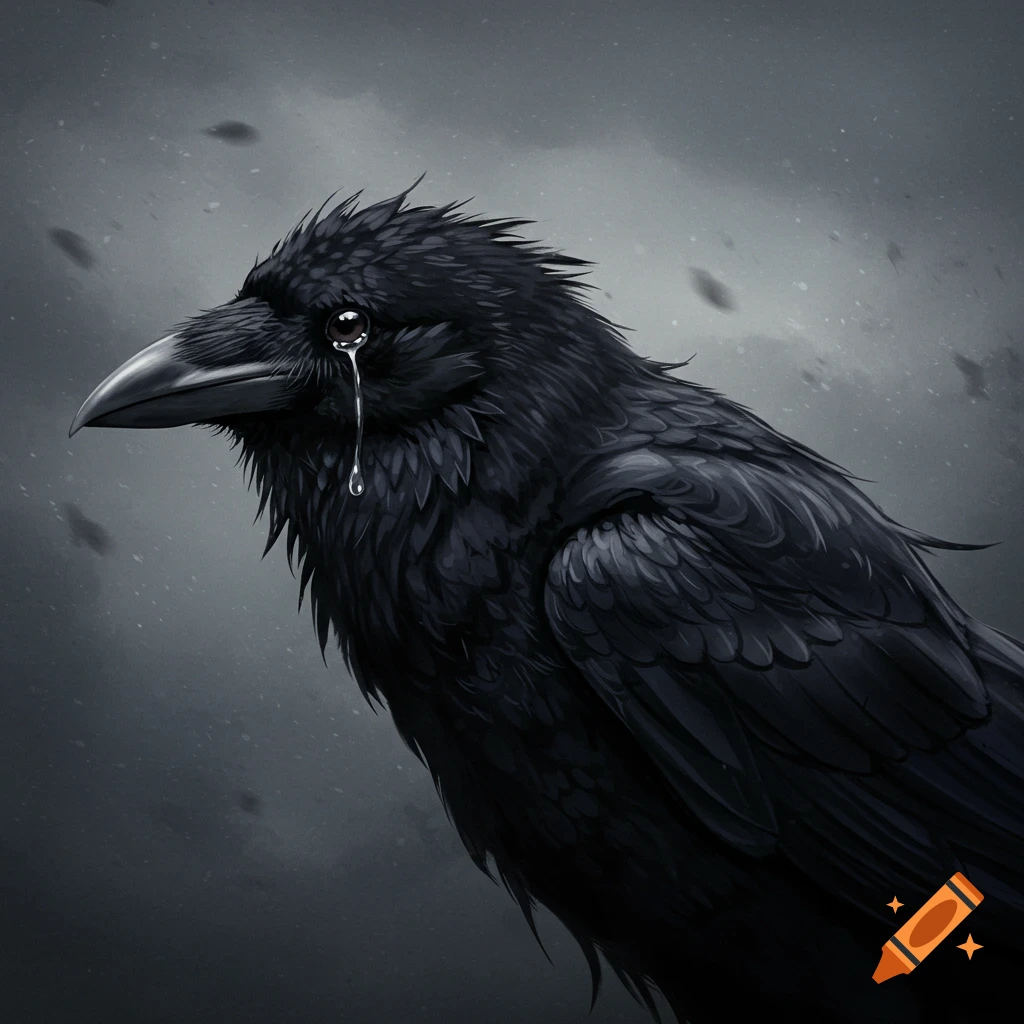 A black crow with a tear falling from its eye.
