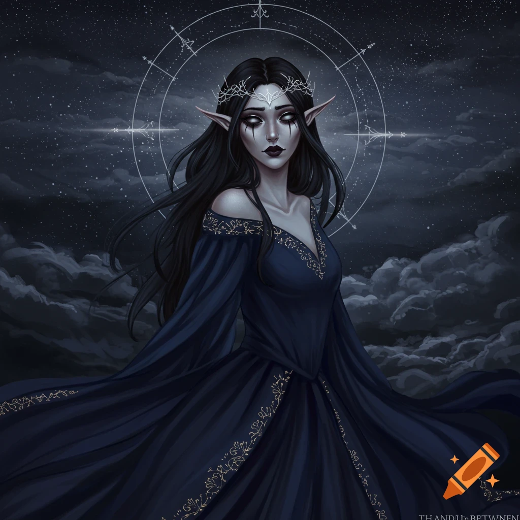 A dark elf woman in a navy blue dress and crown under a starry night sky.