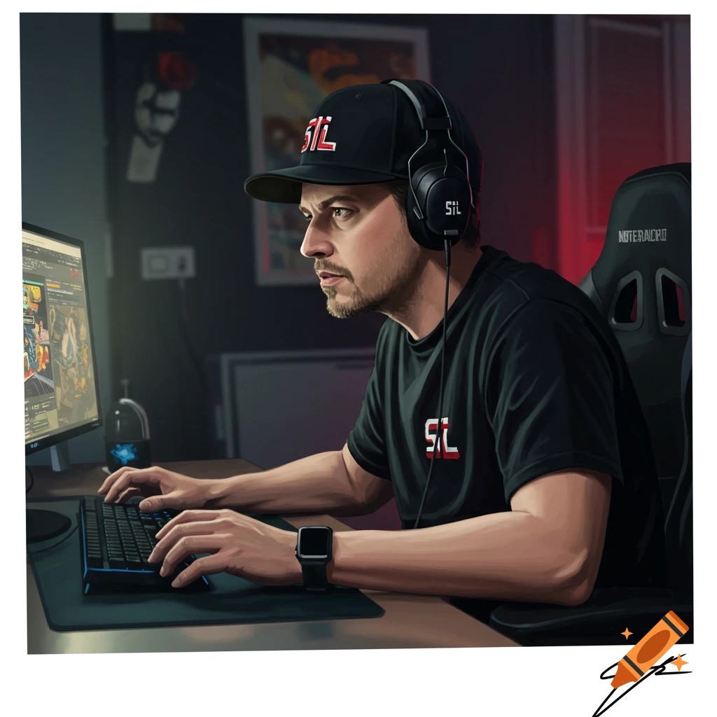A man wearing headphones and a baseball cap with an STL logo, playing video games at a computer desk.