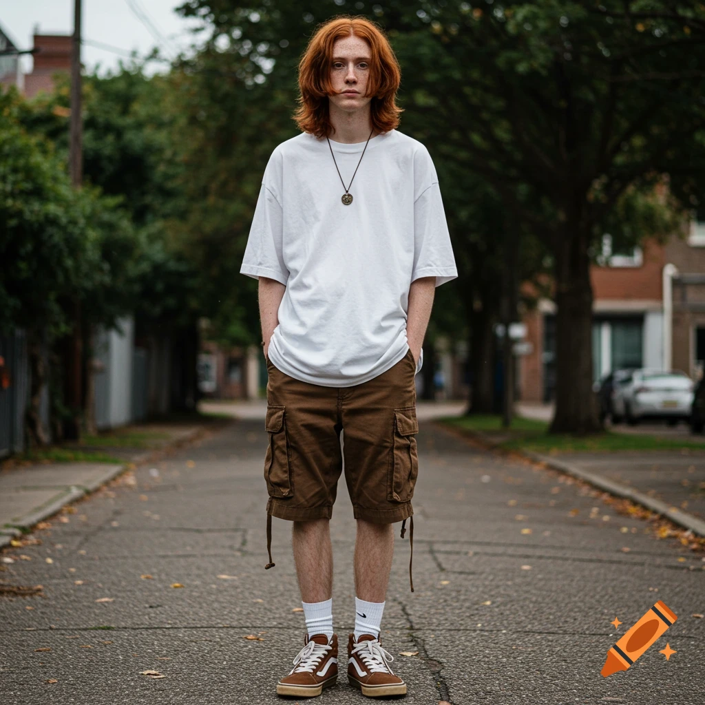 A young man with red hair and freckles stands in the middle of a street wearing a white t-shirt, brown cargo shorts, and brown sneakers.