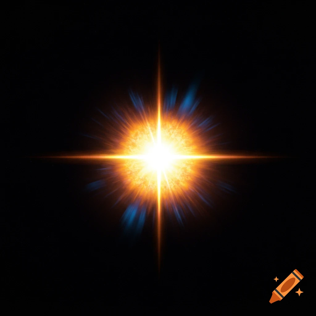 Bright shining star with orange and blue rays on black background