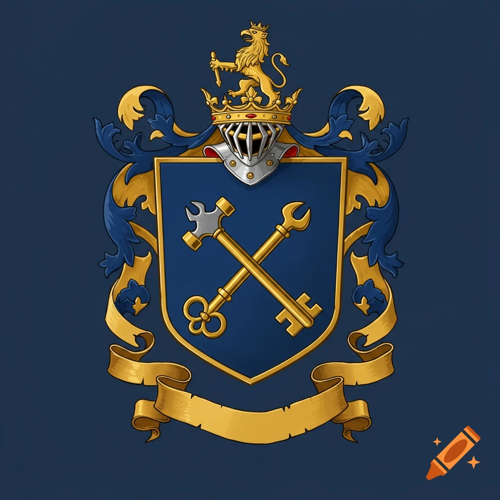 A blue and gold coat of arms with crossed key and hammer on a shield, topped by a lion and crown.