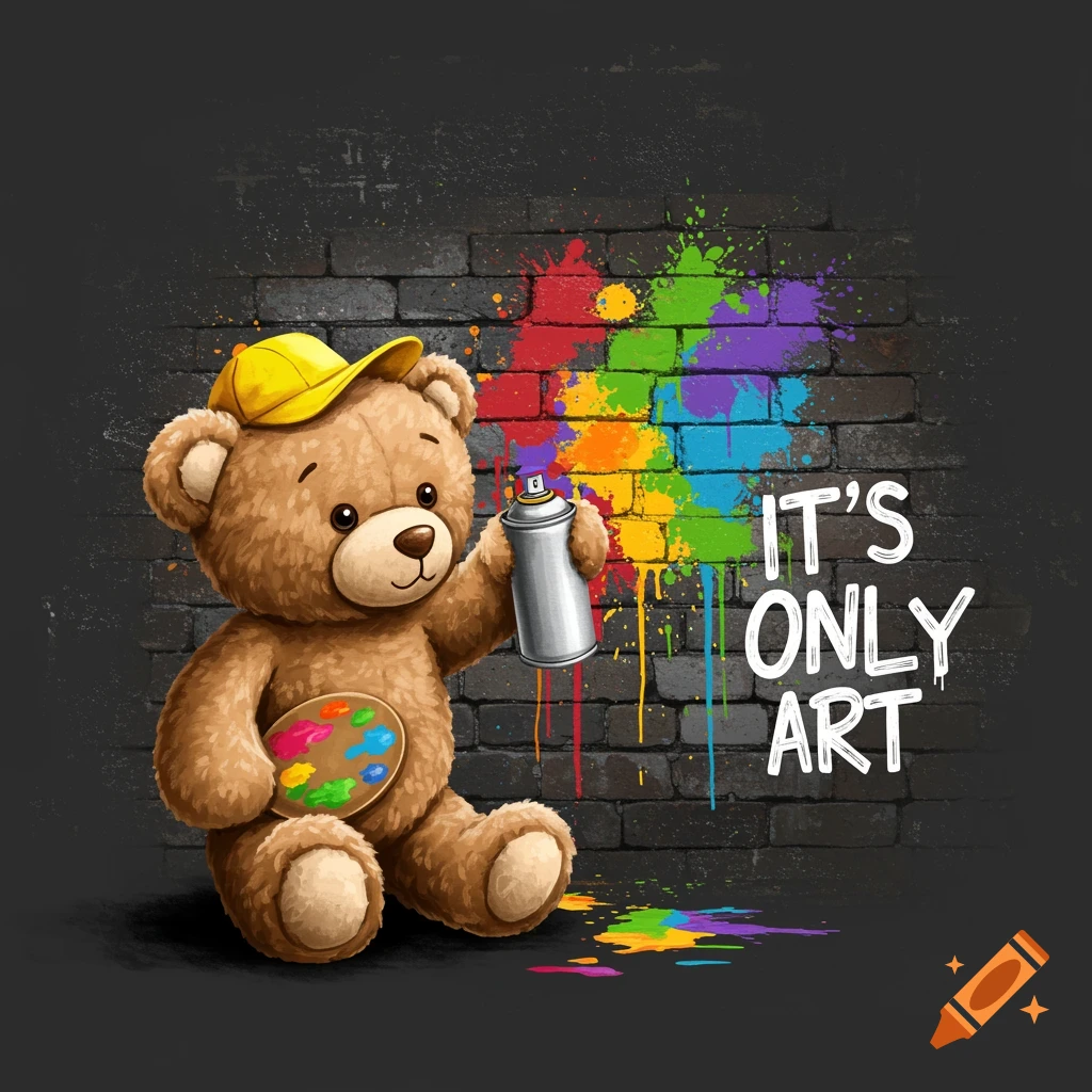 A teddy bear wearing a yellow hat spray paints 'It's Only Art' on a brick wall.
