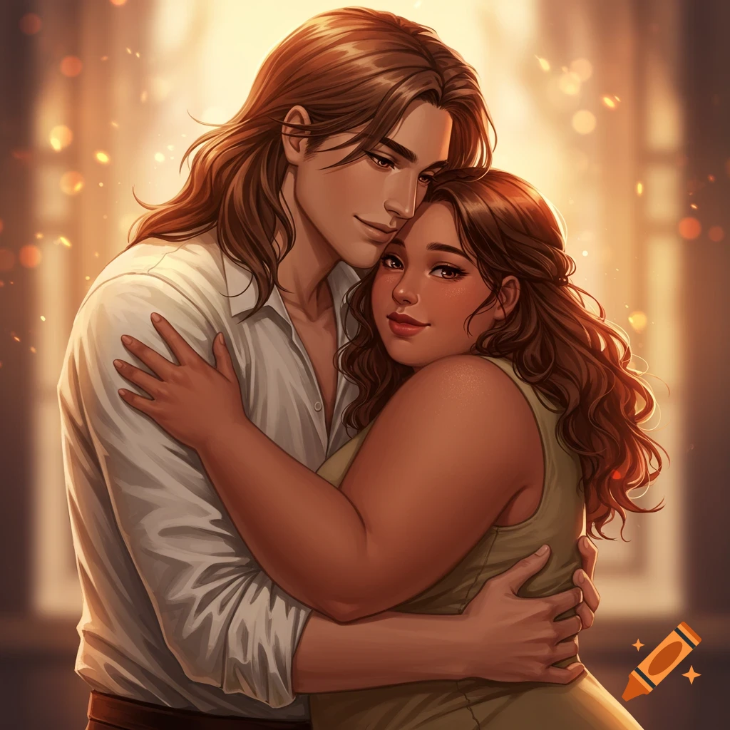 A man and woman with long hair embrace in warm light.