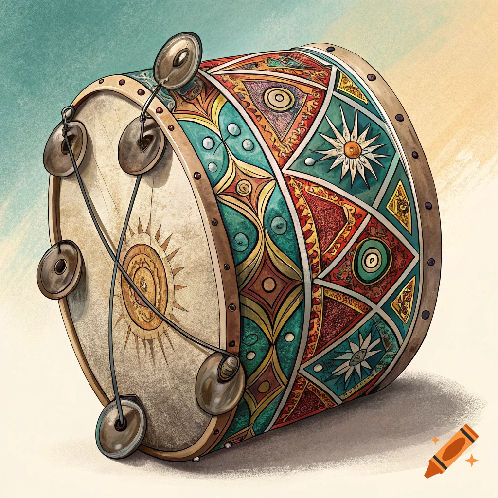 A decorative drum with intricate patterns and cymbals in an artistic style.