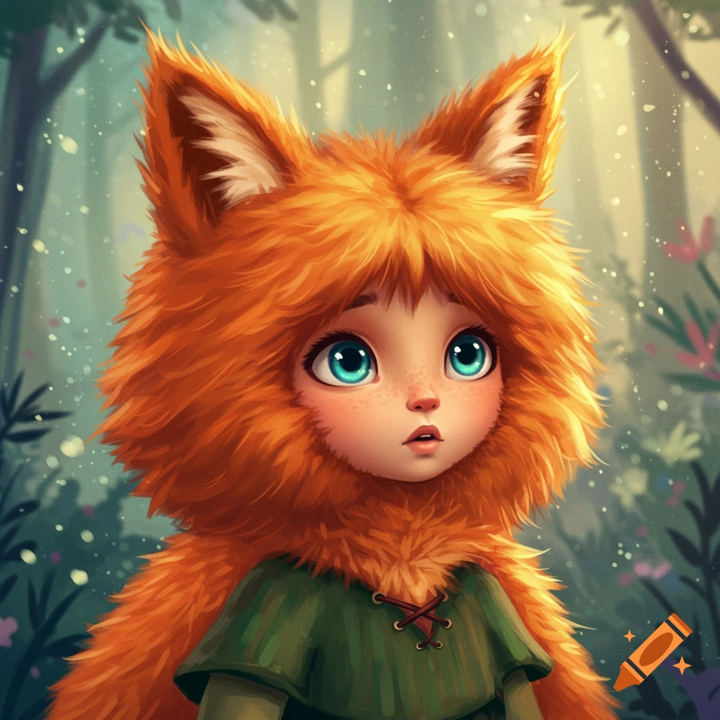 A cute fox-like creature with big blue eyes in a whimsical forest illustration.