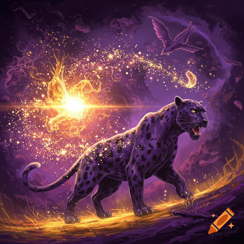 A black panther in a glowing purple fantasy landscape with stars and a bird.