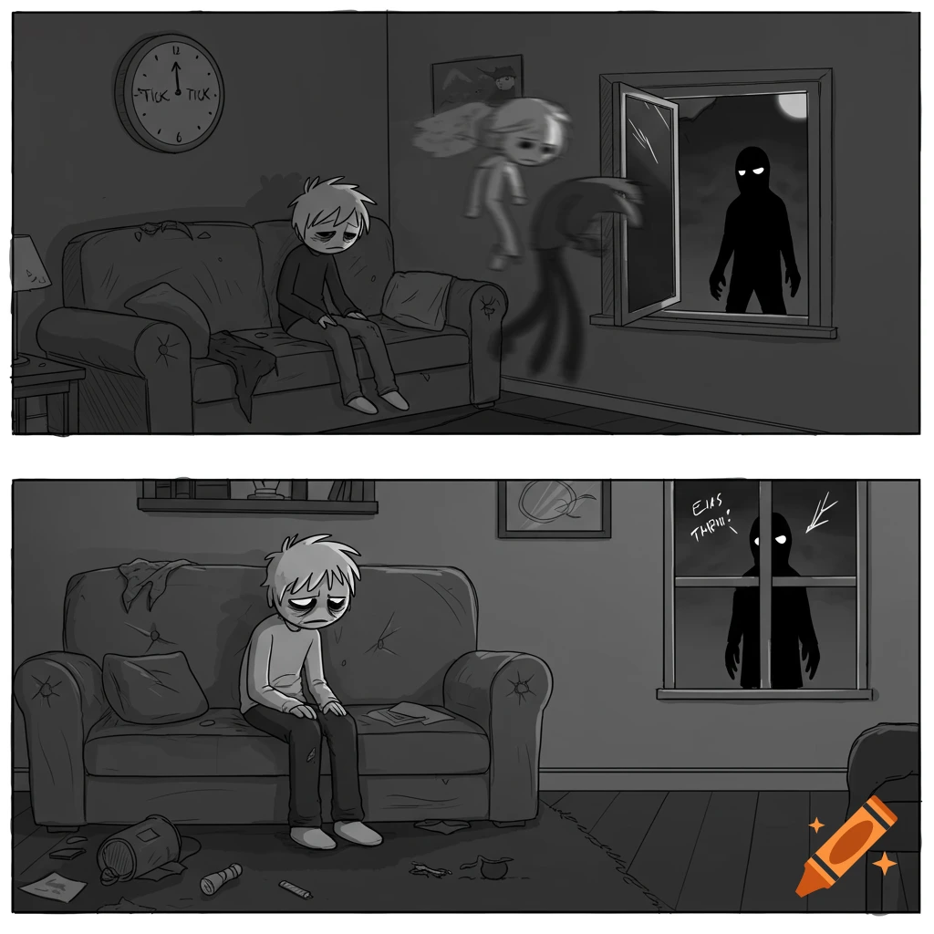 Black and white comic: A sad person sits on a couch, watched by a shadowy figure at the window.