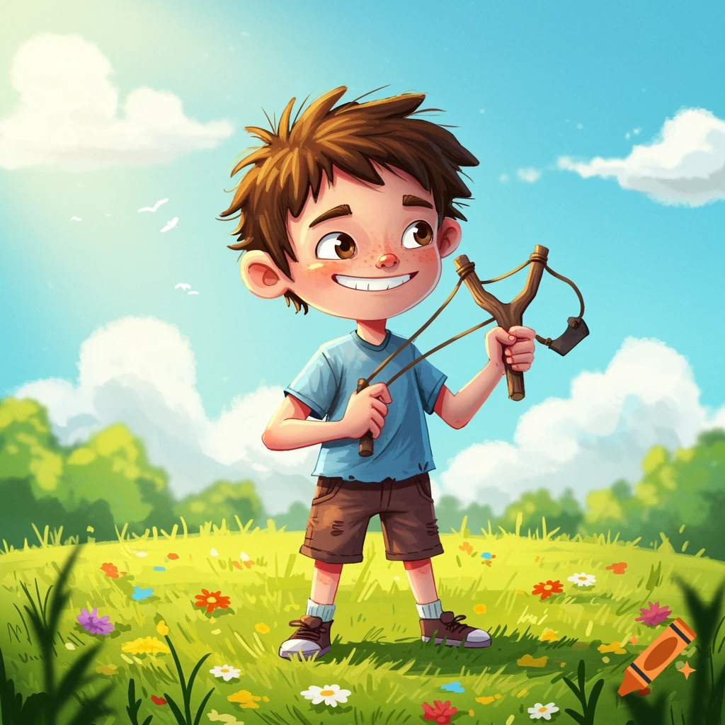 Cartoon boy with a slingshot in a sunny meadow.