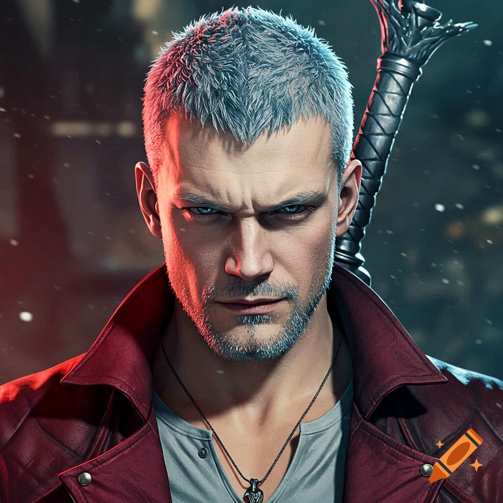 Close-up portrait of Dante from Devil May Cry with a crewcut, wearing a red jacket and carrying a sword.