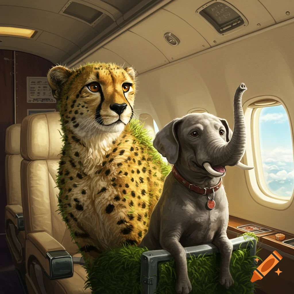 a cheetah covered in grass and an elephant-faced dog sitting in an airplane.