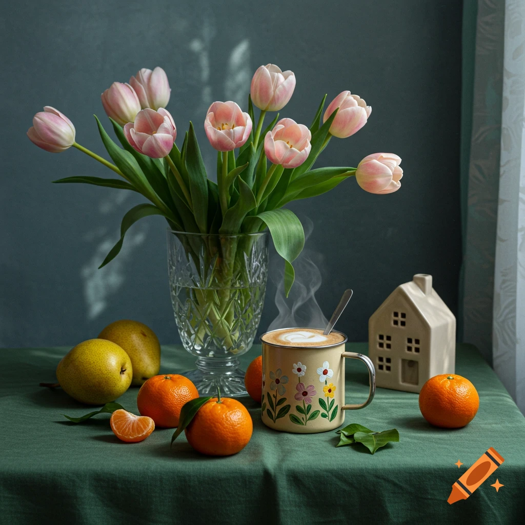 A still life of pink tulips in a crystal vase, pears, tangerines, and a steaming coffee mug on a green tablecloth.