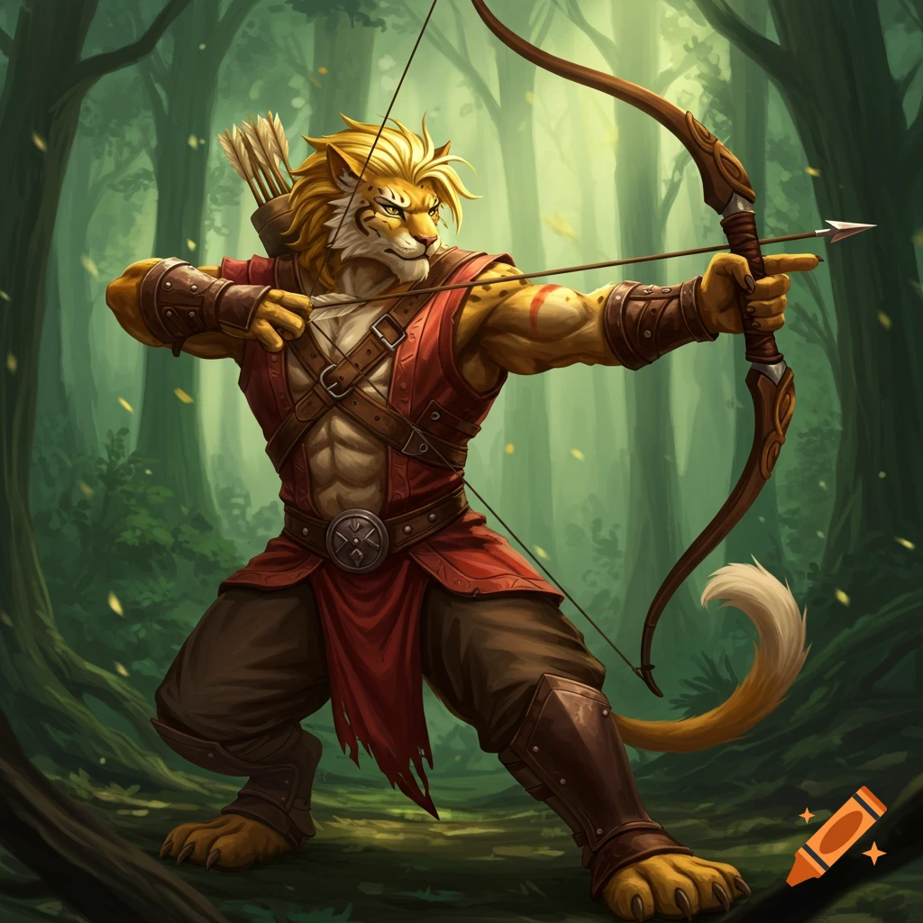 A male Leonin archer draws his bow in a forest.