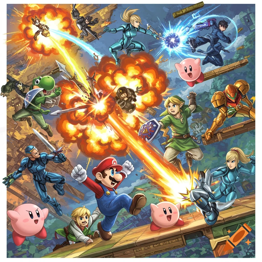 Super Smash Bros characters fighting on a stage