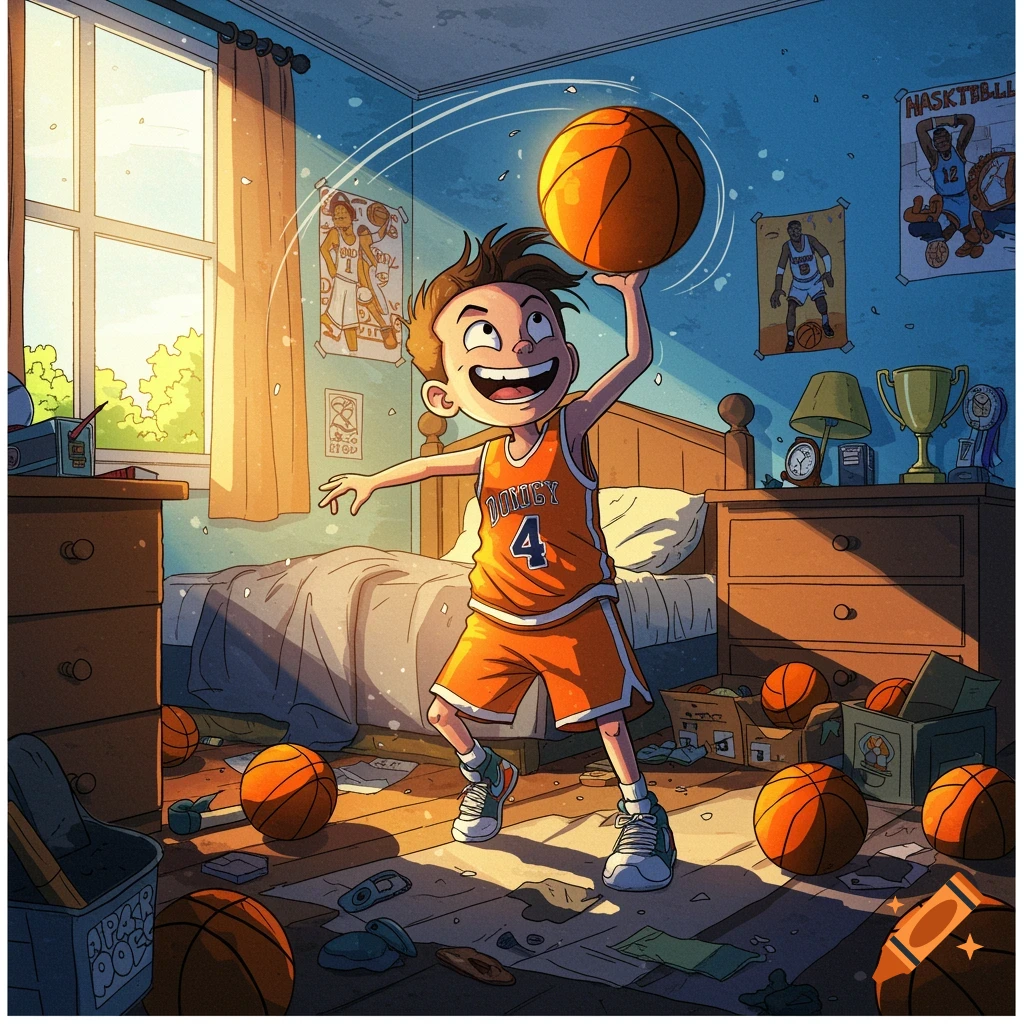 Comic book art of a boy playing basketball in a messy room filled with sports gear.