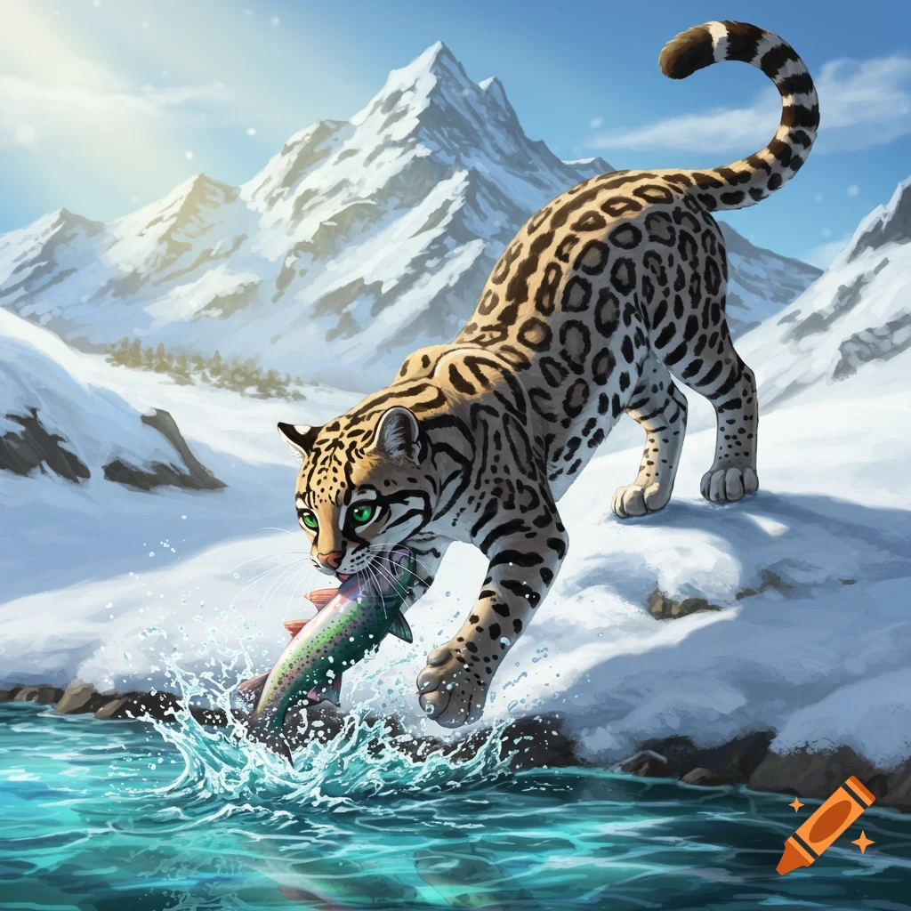 An ocelot is catching a fish in a snowy mountain river.