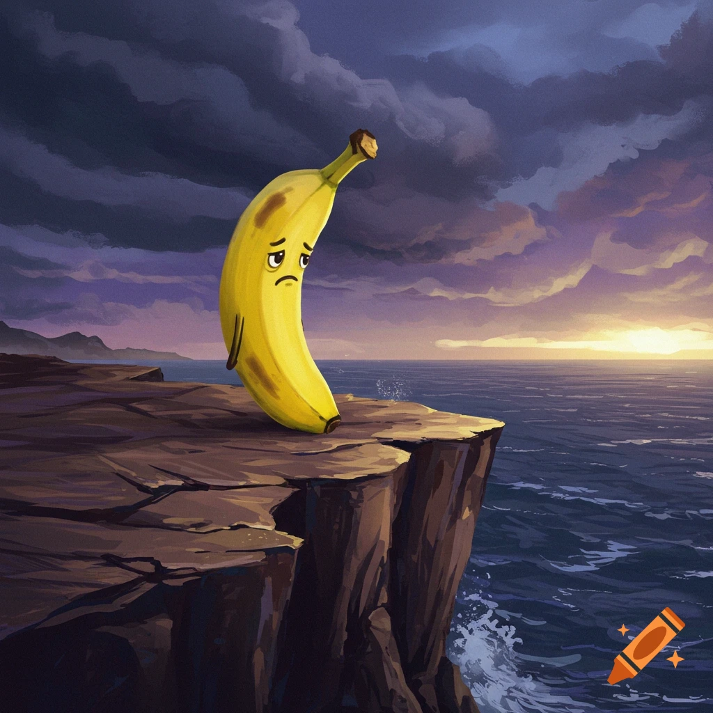 A sad anthropomorphic banana stands on a cliff overlooking the ocean at sunset, digital art style.
