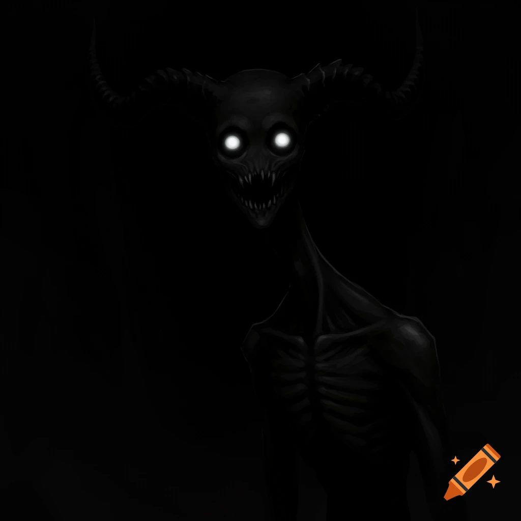 A dark, super skinny creature with bright white eyes, horns, and sharp teeth.