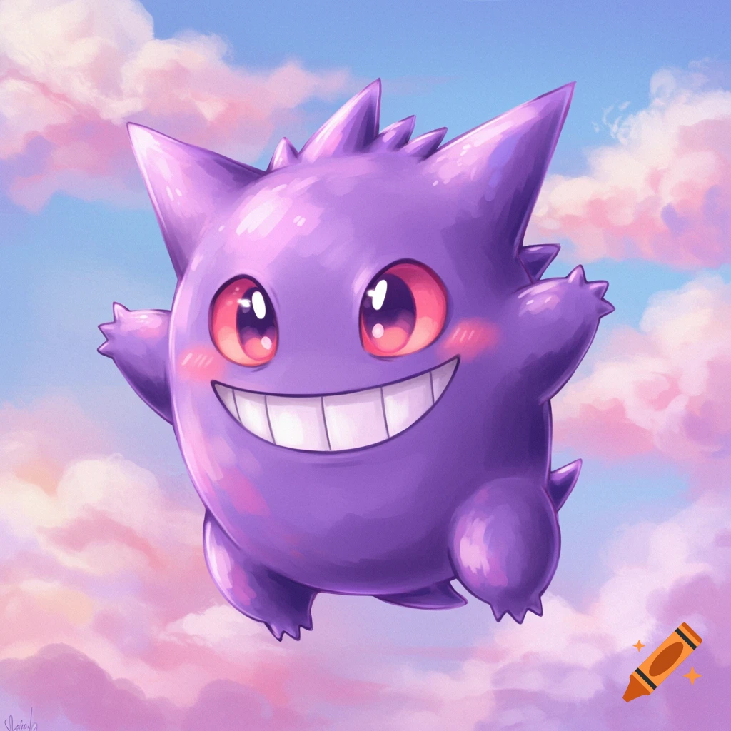 A purple Gengar floats among pink clouds.