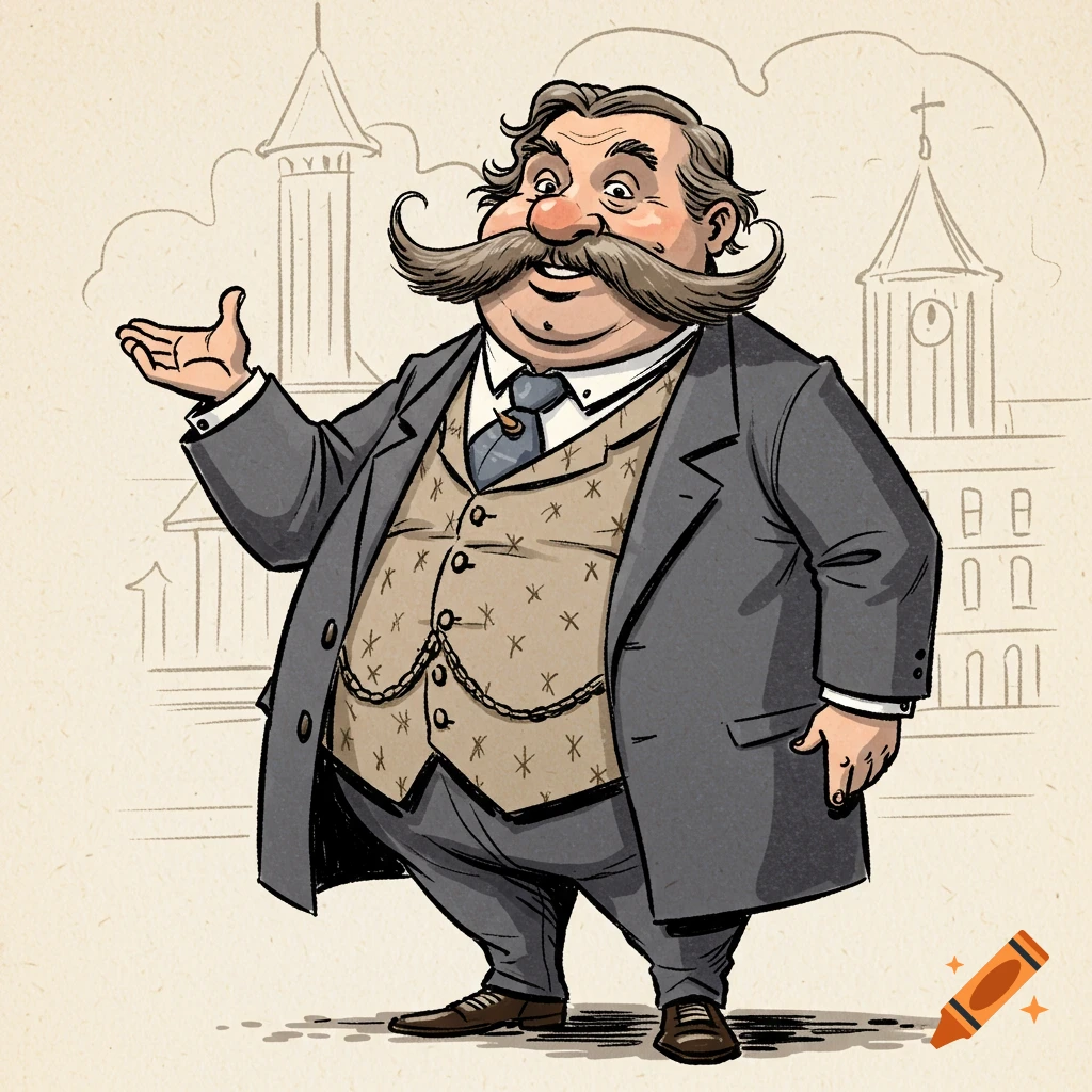 Hand-drawn cartoon of a portly man with a large mustache in a suit.
