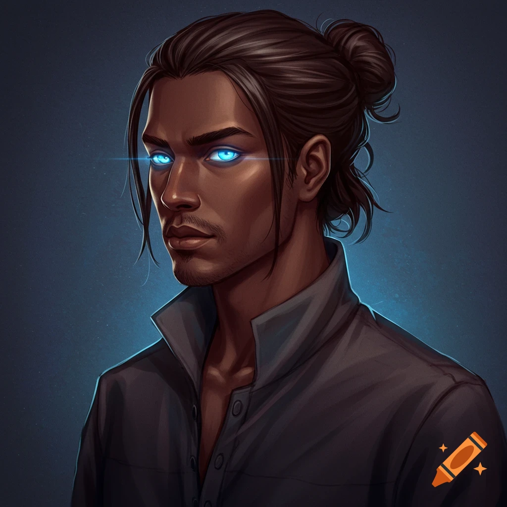 Portrait of a man with glowing blue eyes and dark hair in a bun.