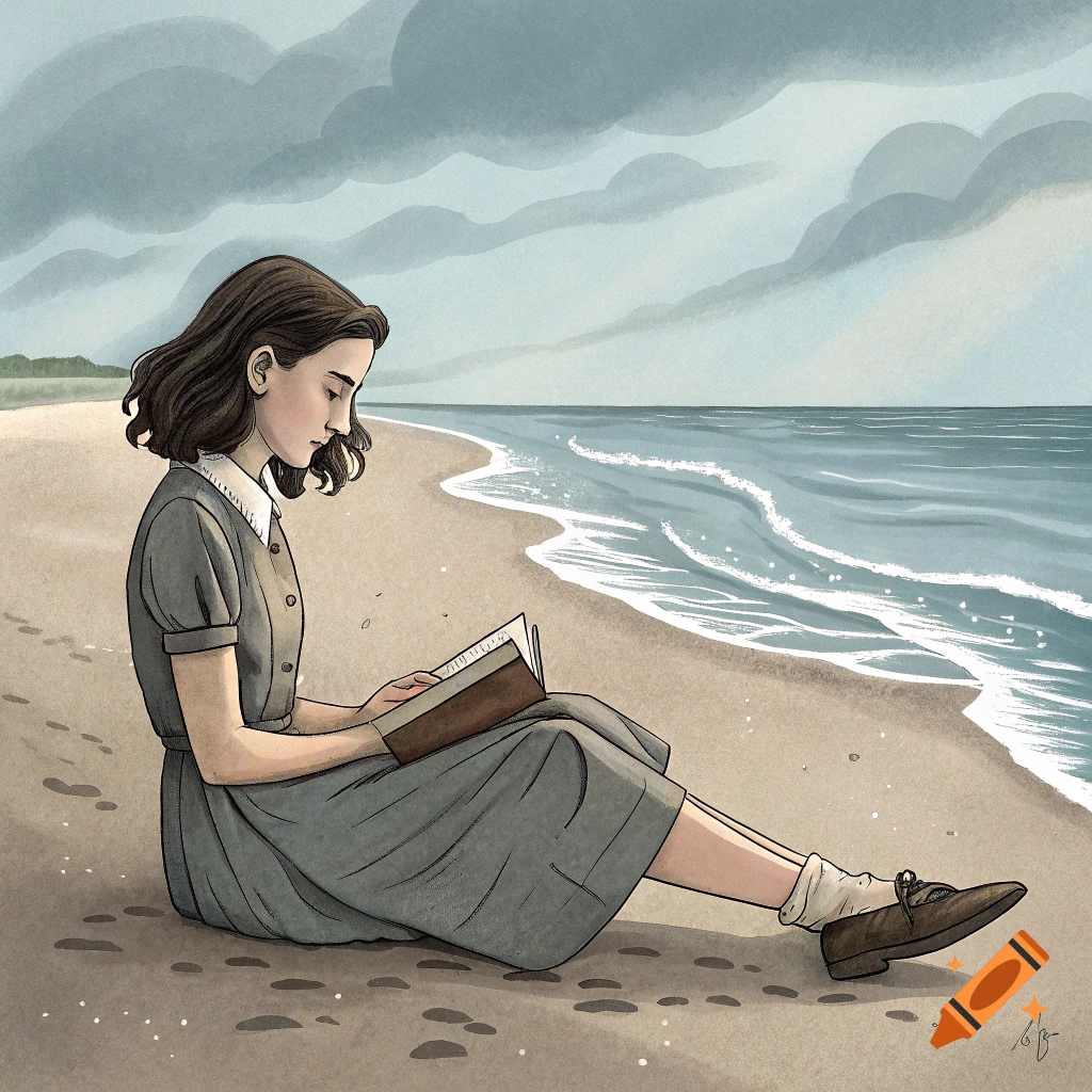 A young woman sits on a beach reading a book under a cloudy sky. Illustrated style.