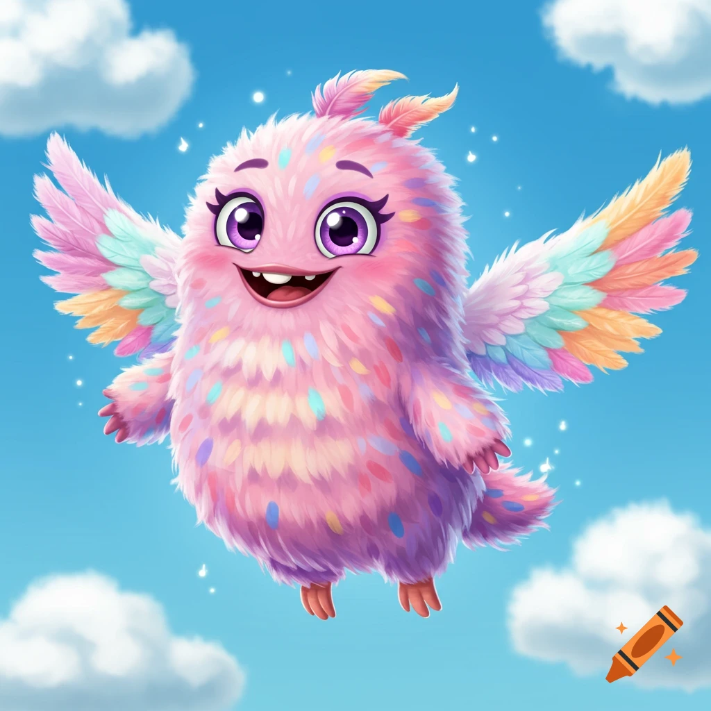 A fluffy pink fantasy creature with colorful wings flies in a blue sky with clouds.