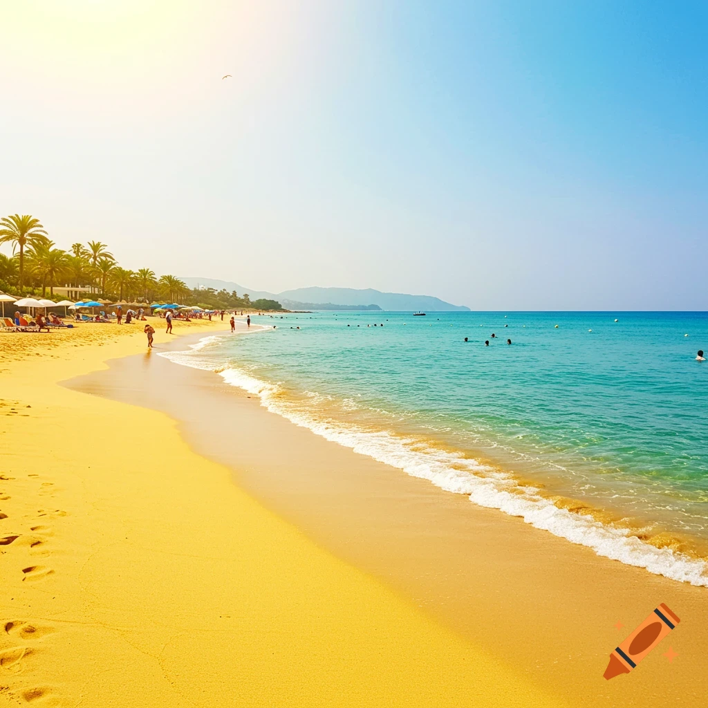 A sunny beach scene with people swimming and sunbathing, palm trees, and mountains in the distance.
