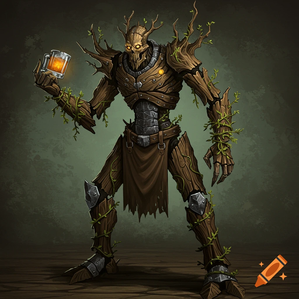 a wooden warforged holding a glowing mug.