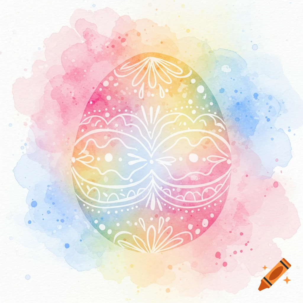A white-patterned Easter egg on a colorful watercolor splash background.