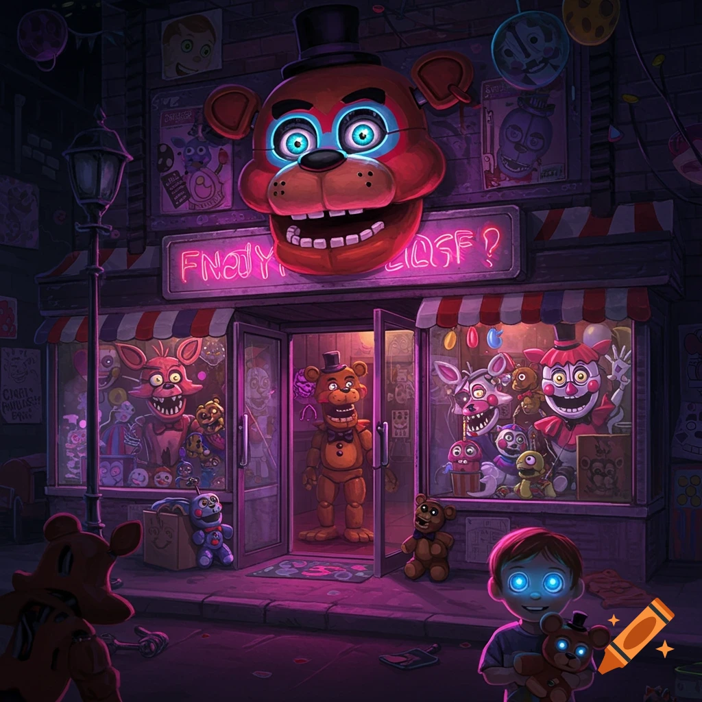 A child holding a teddy bear outside a Five Nights at Freddy's themed shop at night with animatronic characters visible in the windows.
