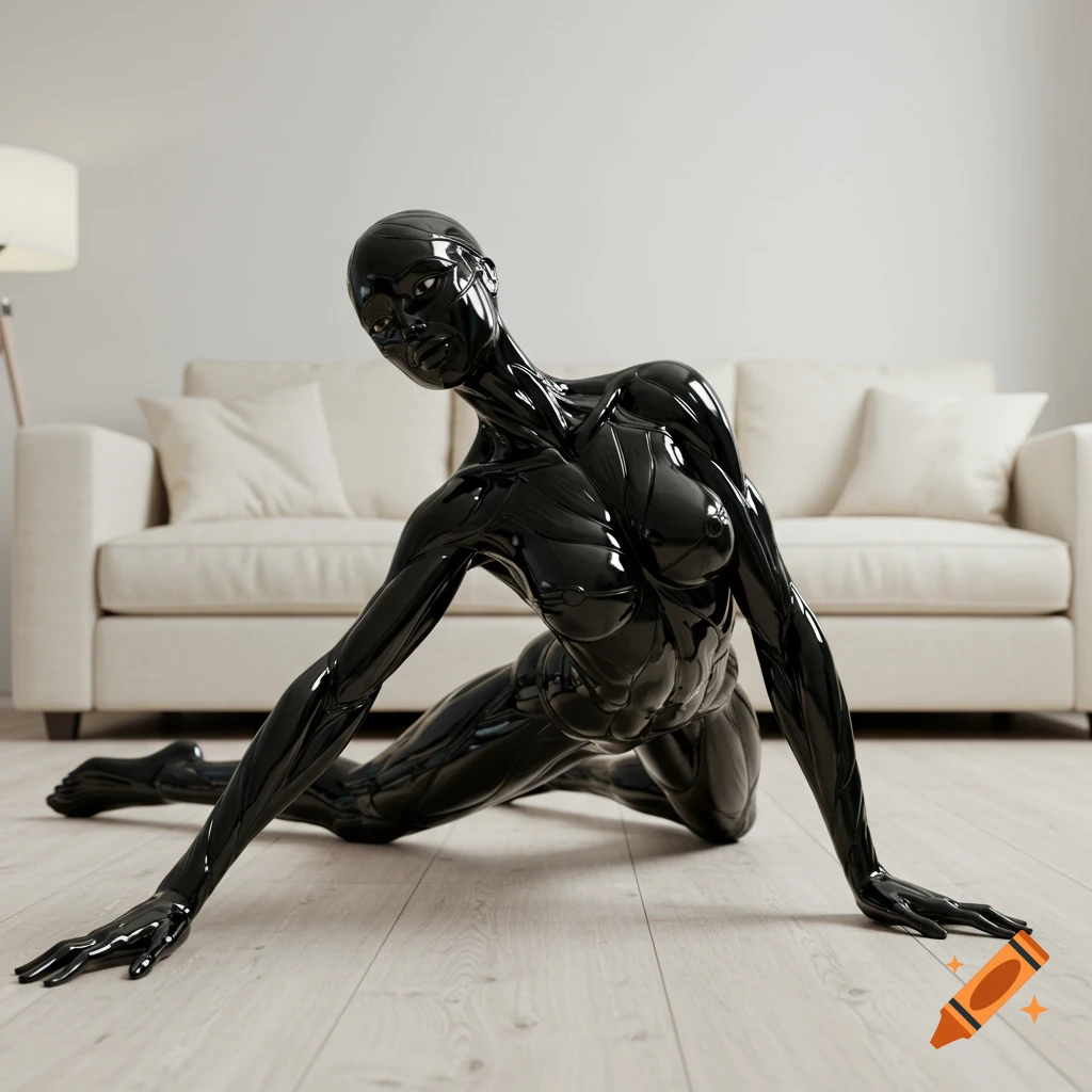 A glossy black robotic figure lies stretched out on a wooden floor in a modern living room.