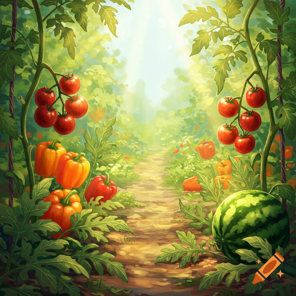A bright image of a garden path with tomato plants, bell peppers, and a watermelon.