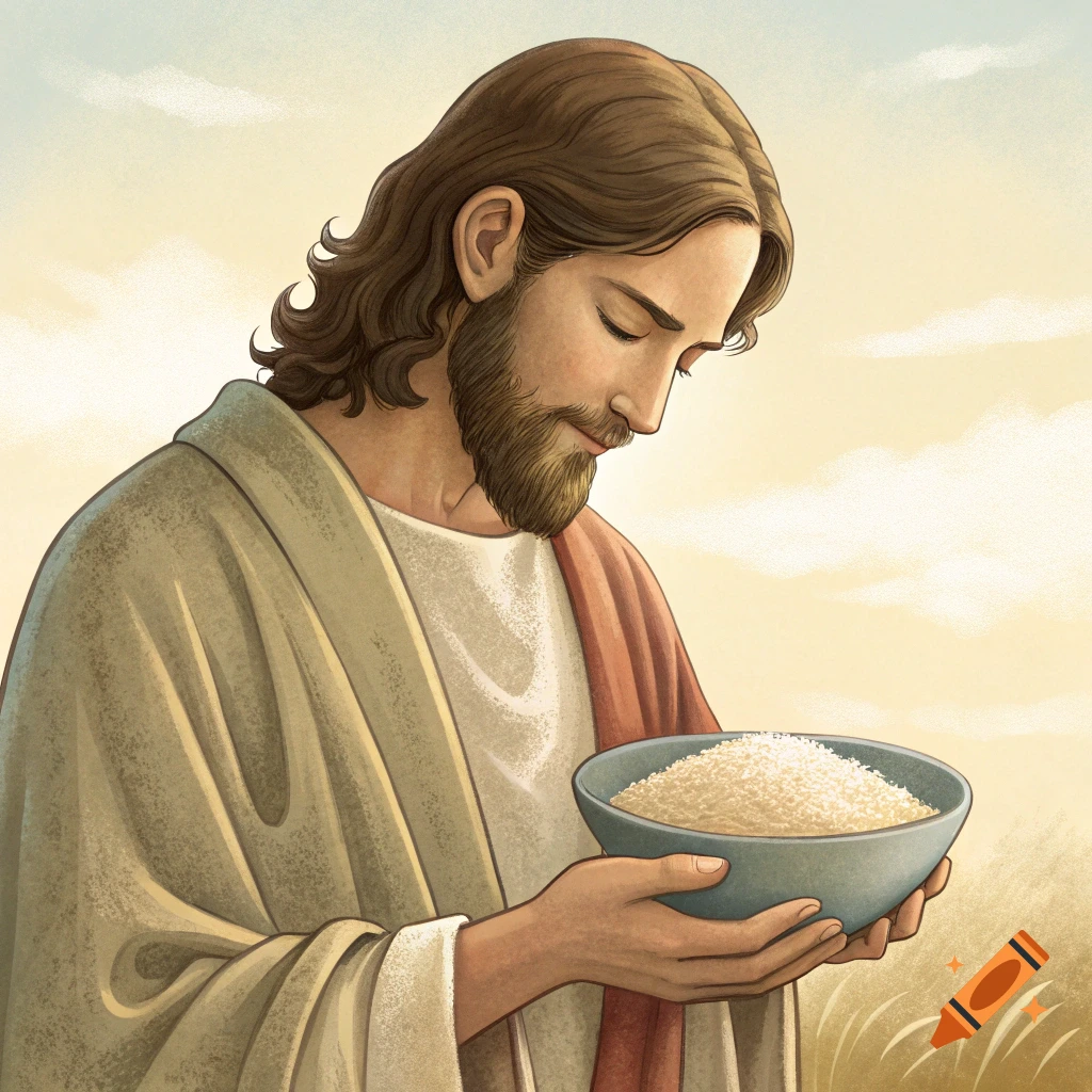 Illustration of Jesus Christ holding a bowl of rice, looking down at it.
