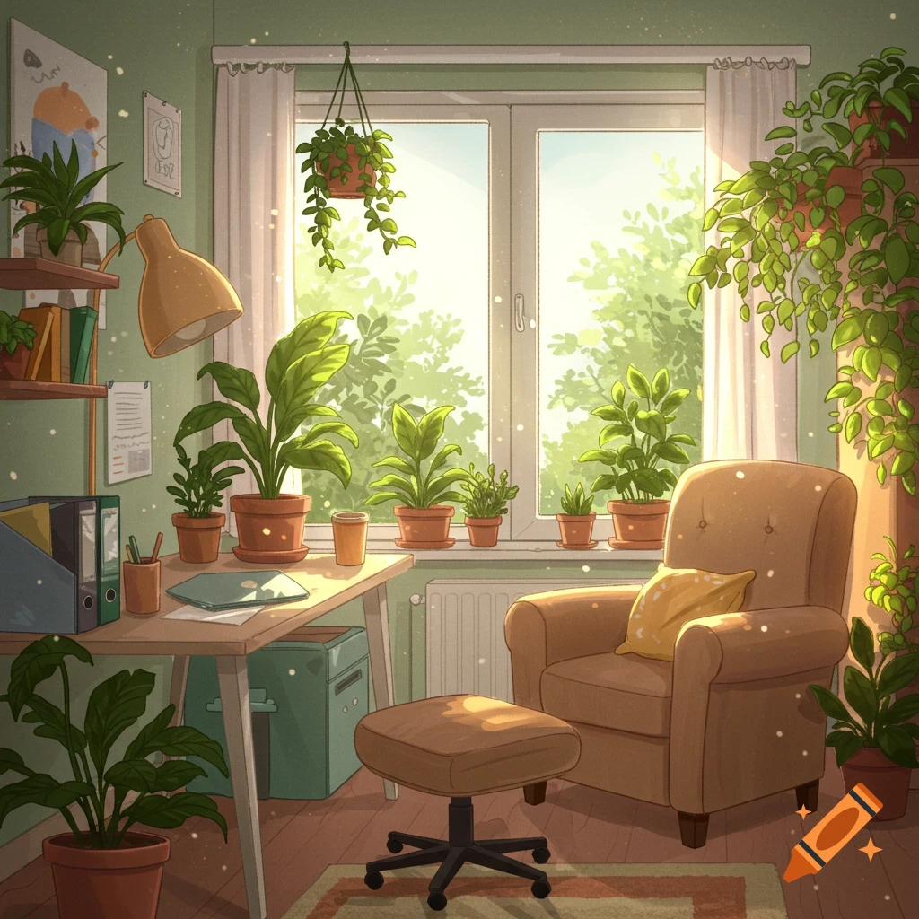 A cozy home office full of green plants, a desk, and a comfortable chair by a sunny window.