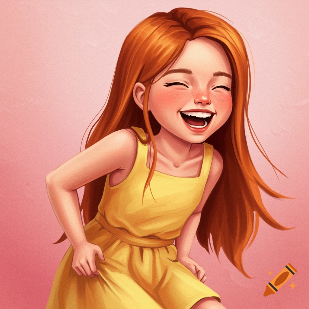 A laughing young girl with red hair and freckles in a yellow dress.