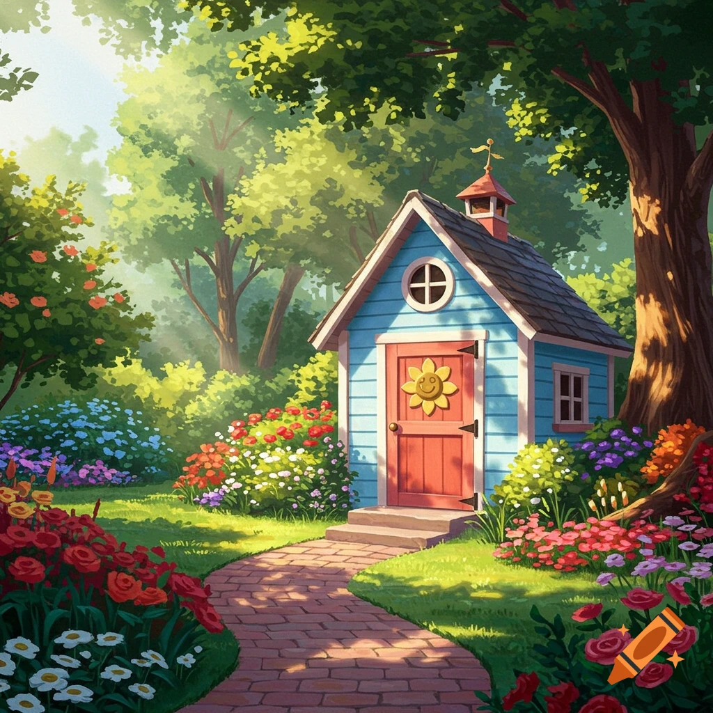 A blue garden shed with a sun on the red door, surrounded by flowers and trees on a brick path.