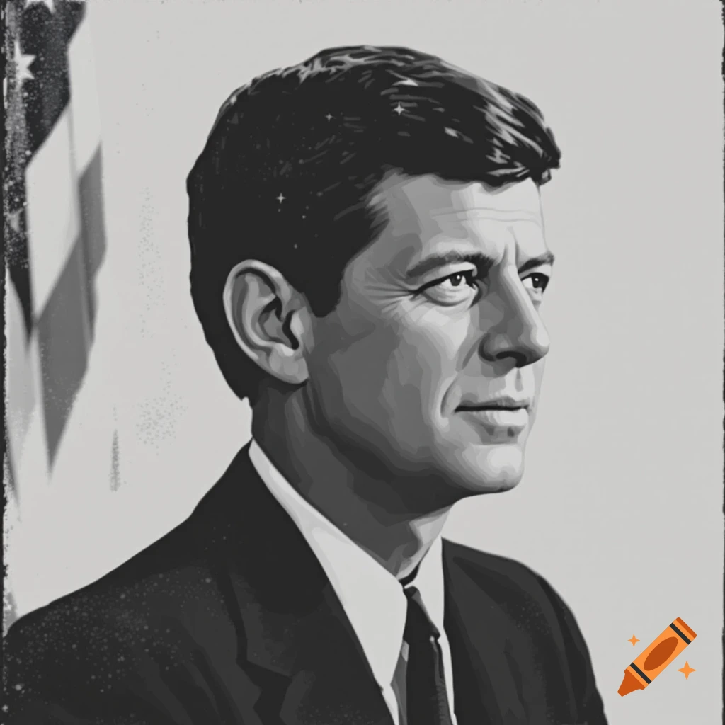 Black and white graphic portrait of John F. Kennedy in a suit.