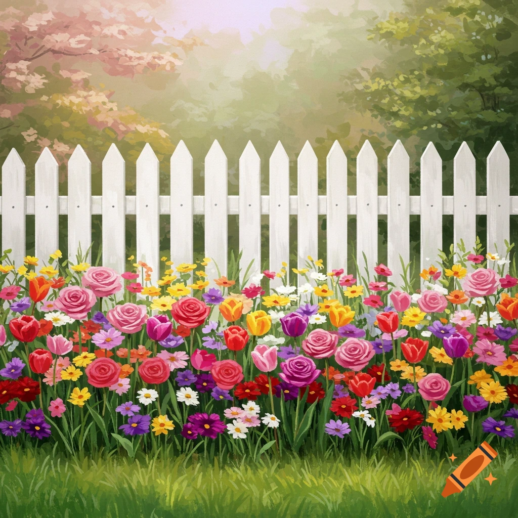 Colorful flowers in front of a white picket fence