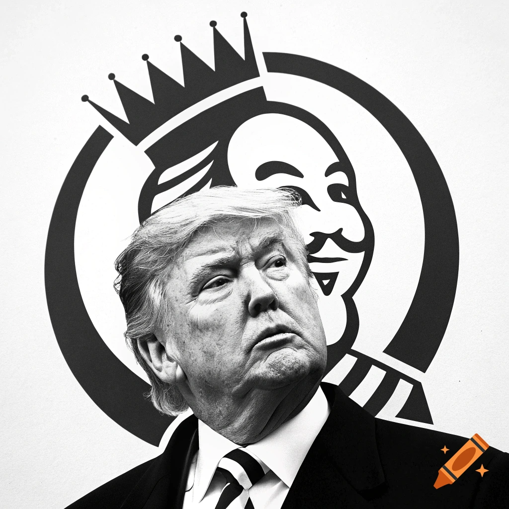 Black and white portrait of Donald Trump's face combined with a Burger King mascot head.