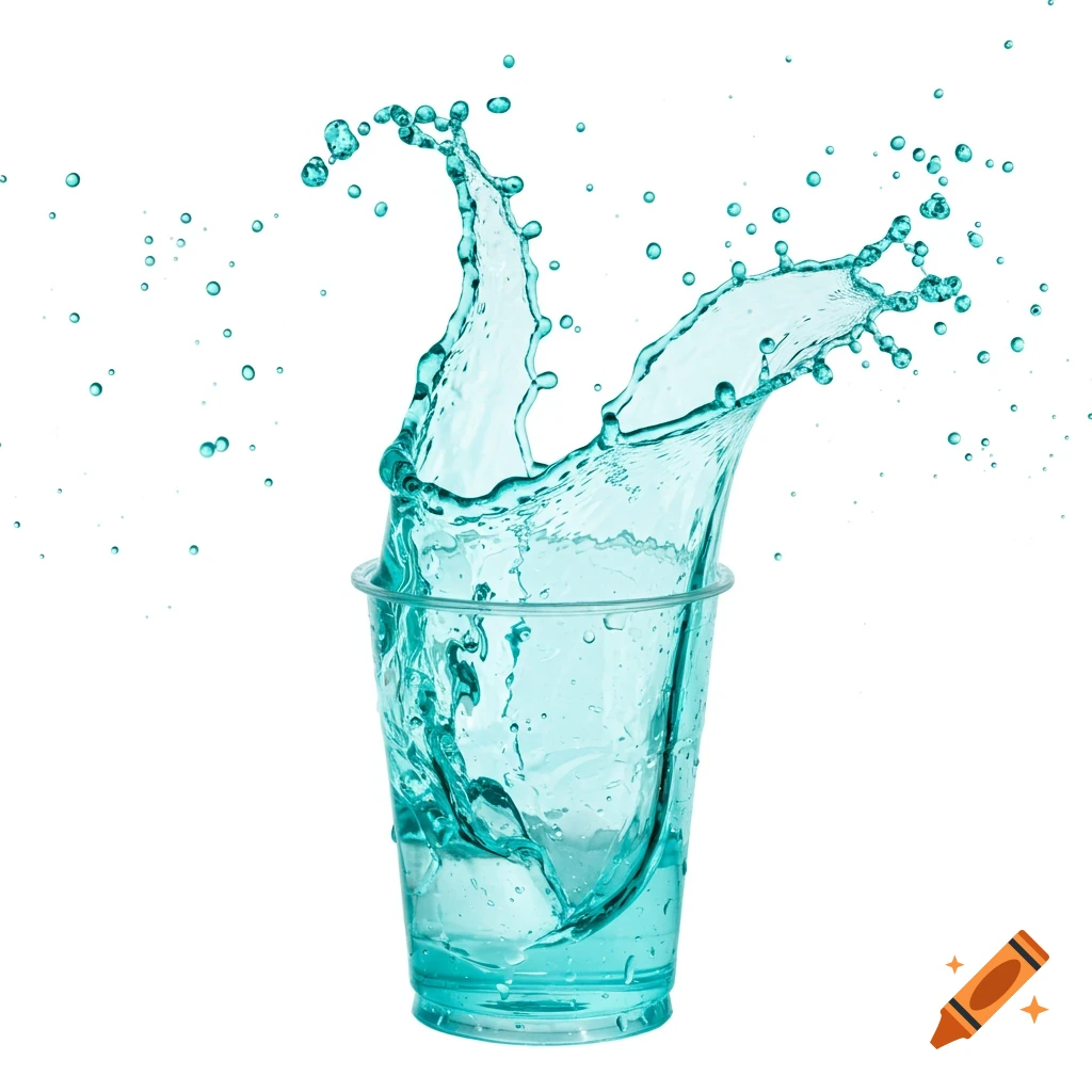 Blue liquid splashing dramatically out of a plastic cup on a white background.