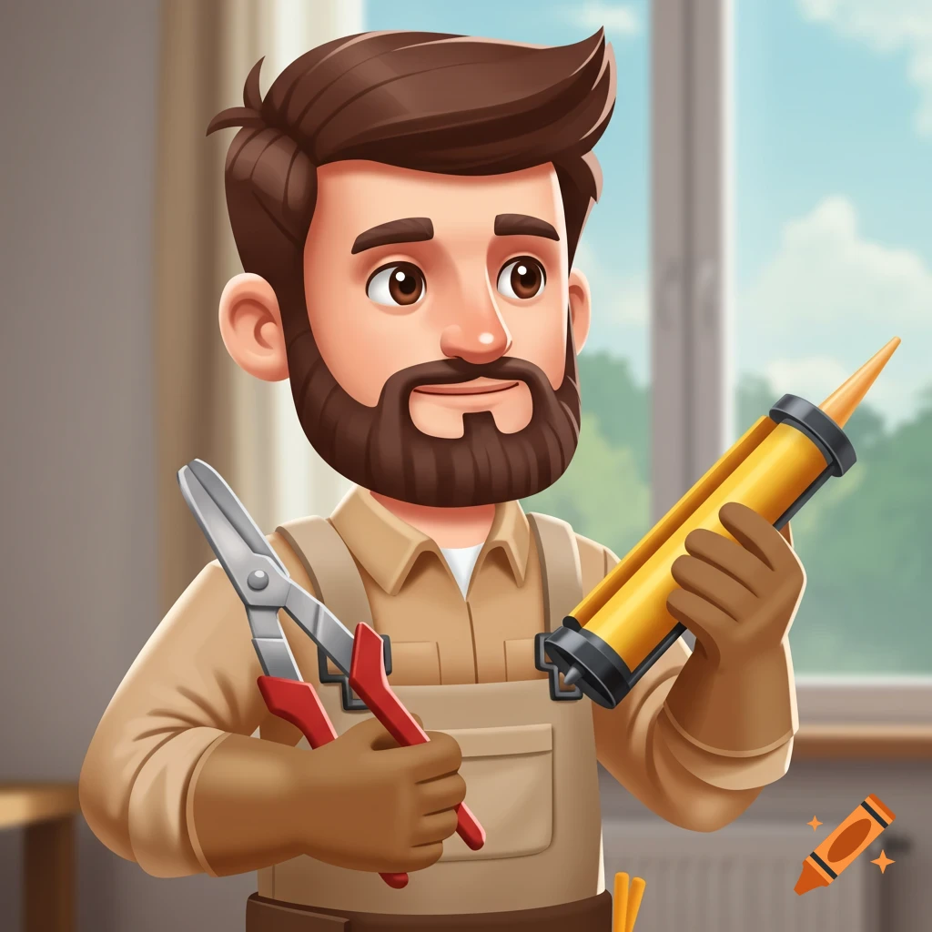 Cartoon avatar of a construction worker holding snips and a caulking gun.
