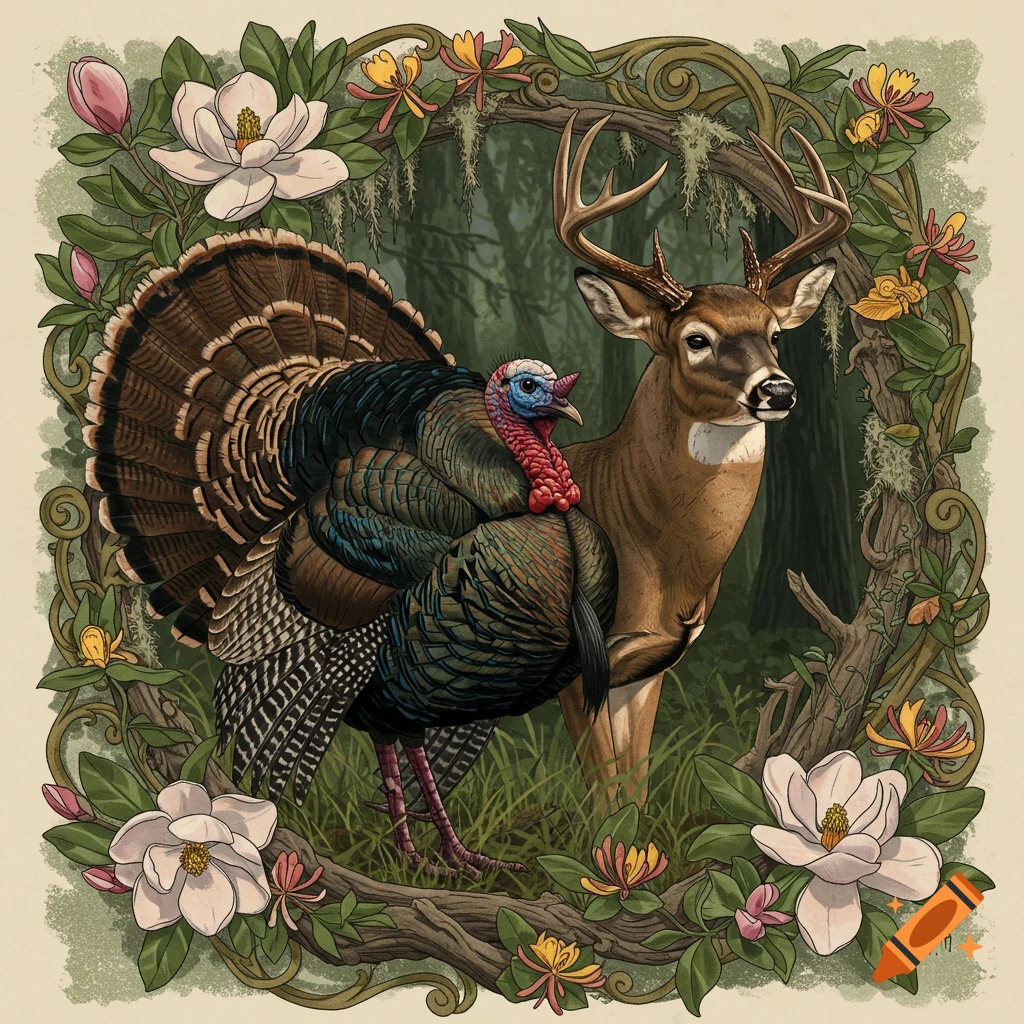 Illustration of a turkey and a deer in a decorative frame with southern flora.