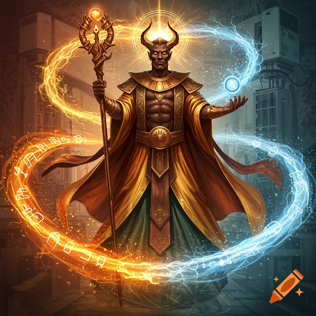 A powerful figure in golden robes with horns is casting orange and blue energy spells in a mechanical setting.