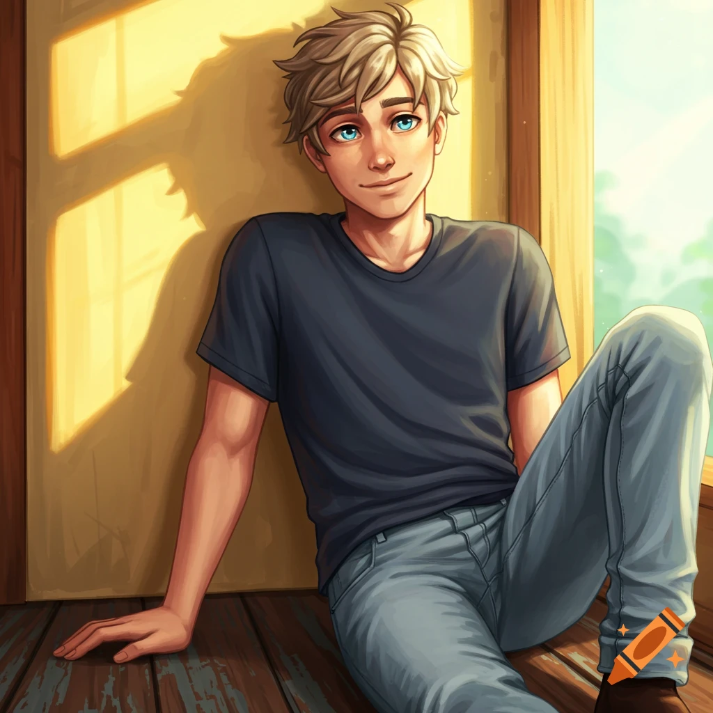 A young man with blonde hair and blue eyes sits on a wooden floor by a sunlit window