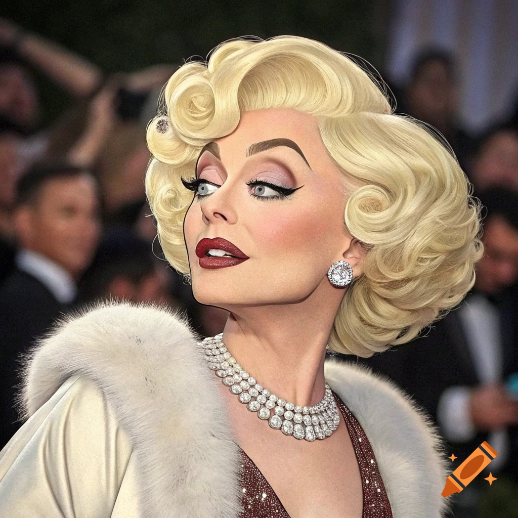Stylized portrait of a person in drag with exaggerated features, resembling Marilyn Monroe, wearing formal attire and jewelry on a red carpet.