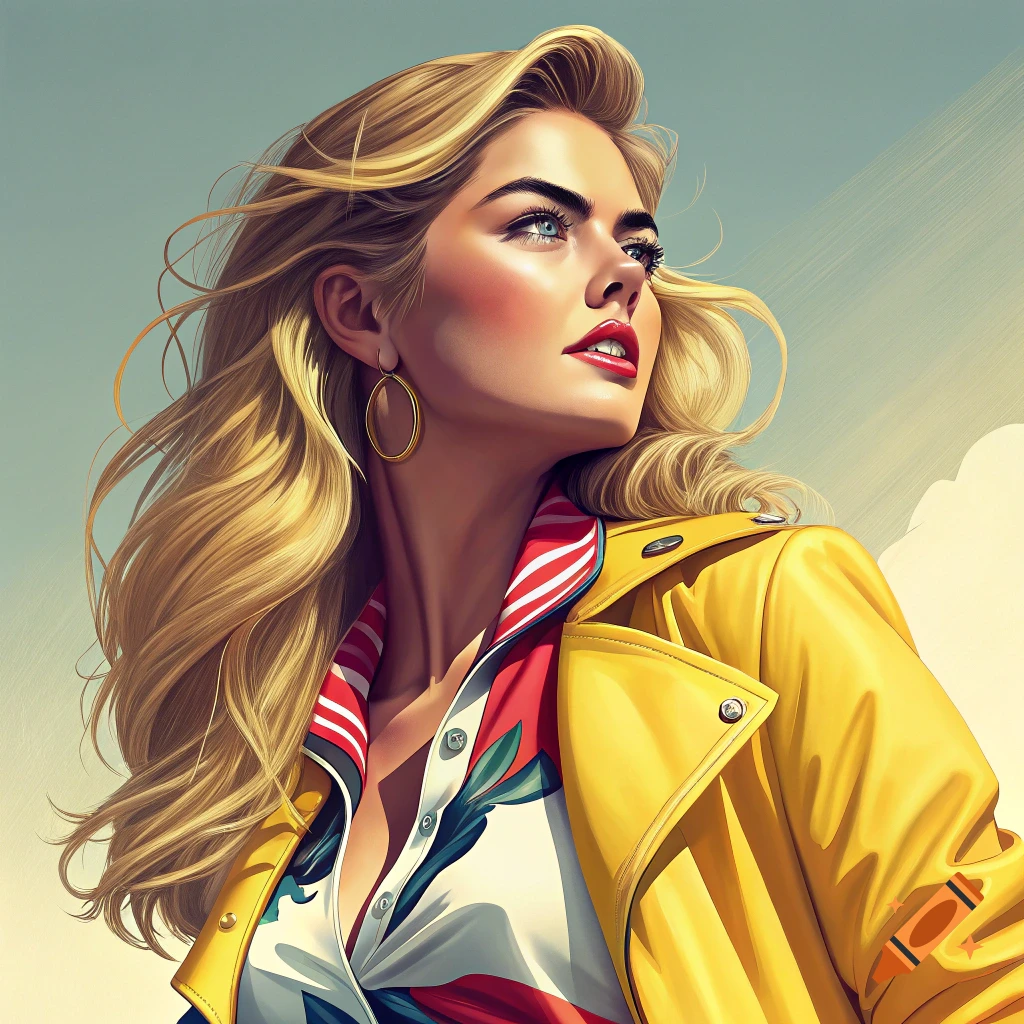 Portrait of a blonde woman in yellow coat and striped shirt looking up.