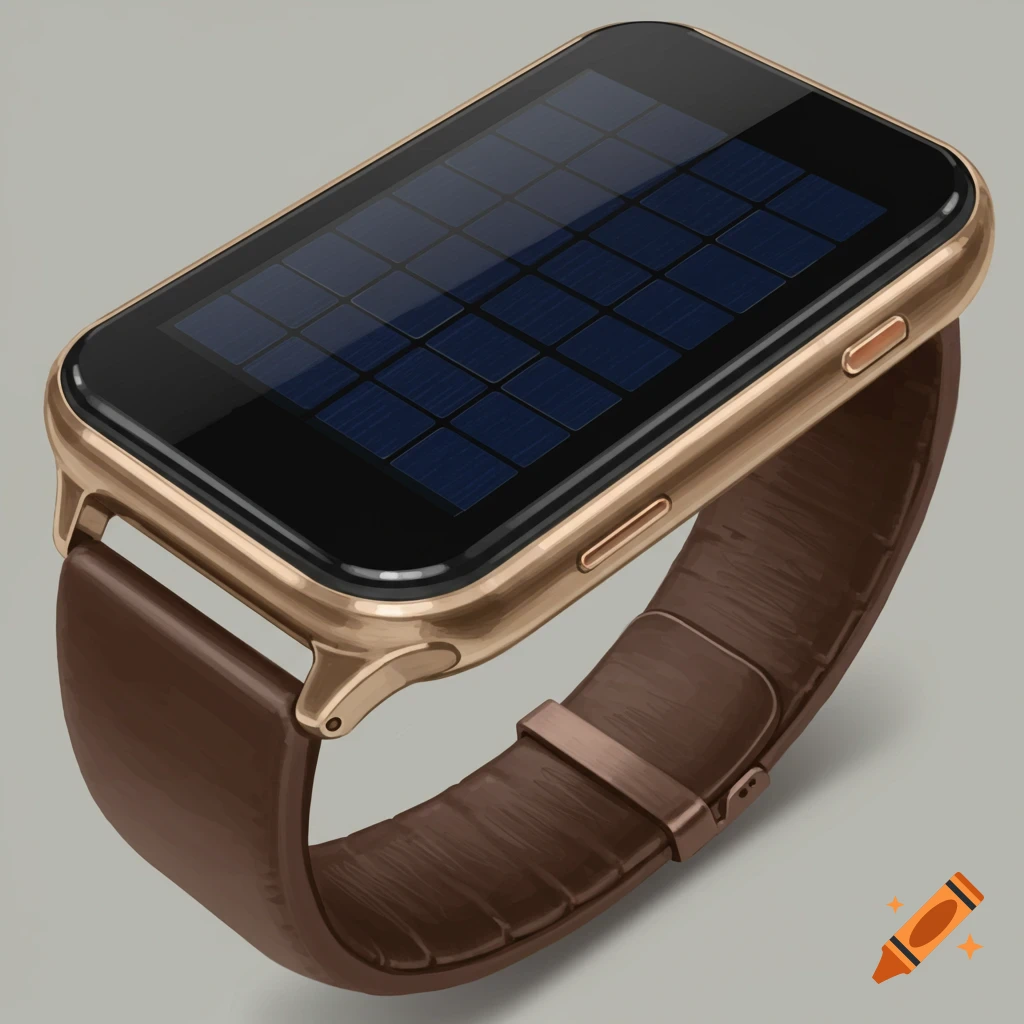 A close-up of a gold smartwatch with a solar panel screen and brown leather strap.