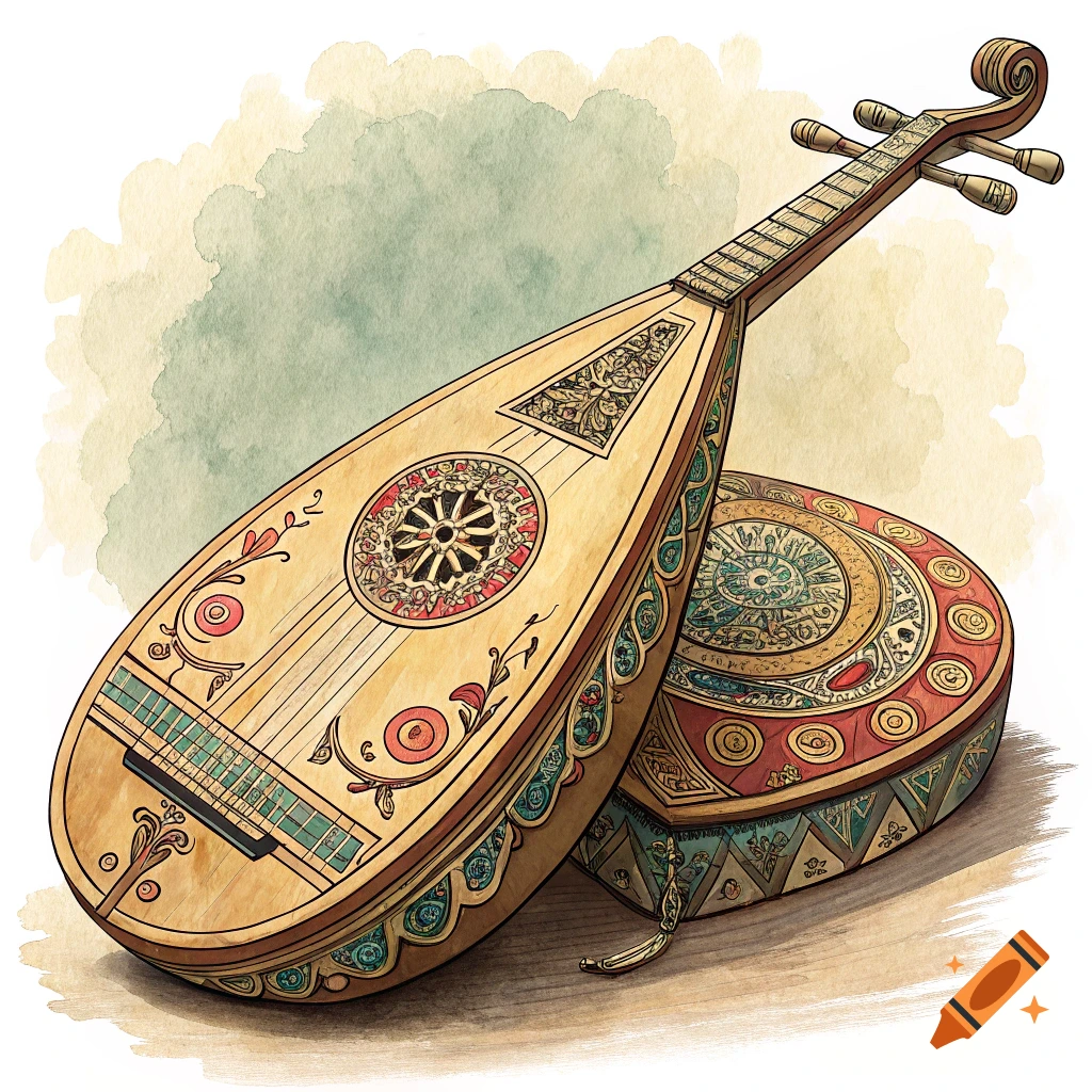 Watercolor illustration of a lute or similar stringed instrument on a decorative box.